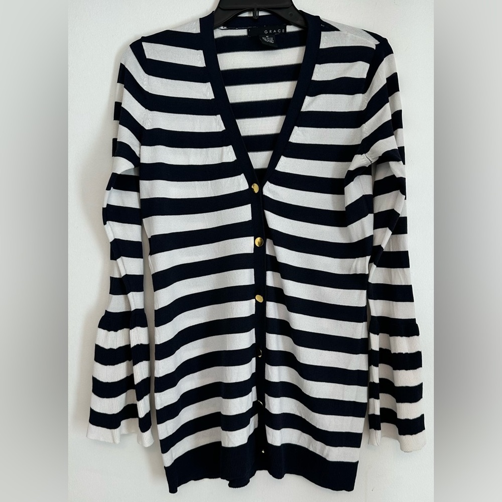 Grace Navy/White Striped Cardigan, medium